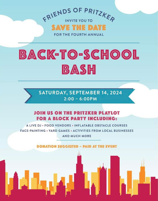 flyer for pritzker back to school bash 2024